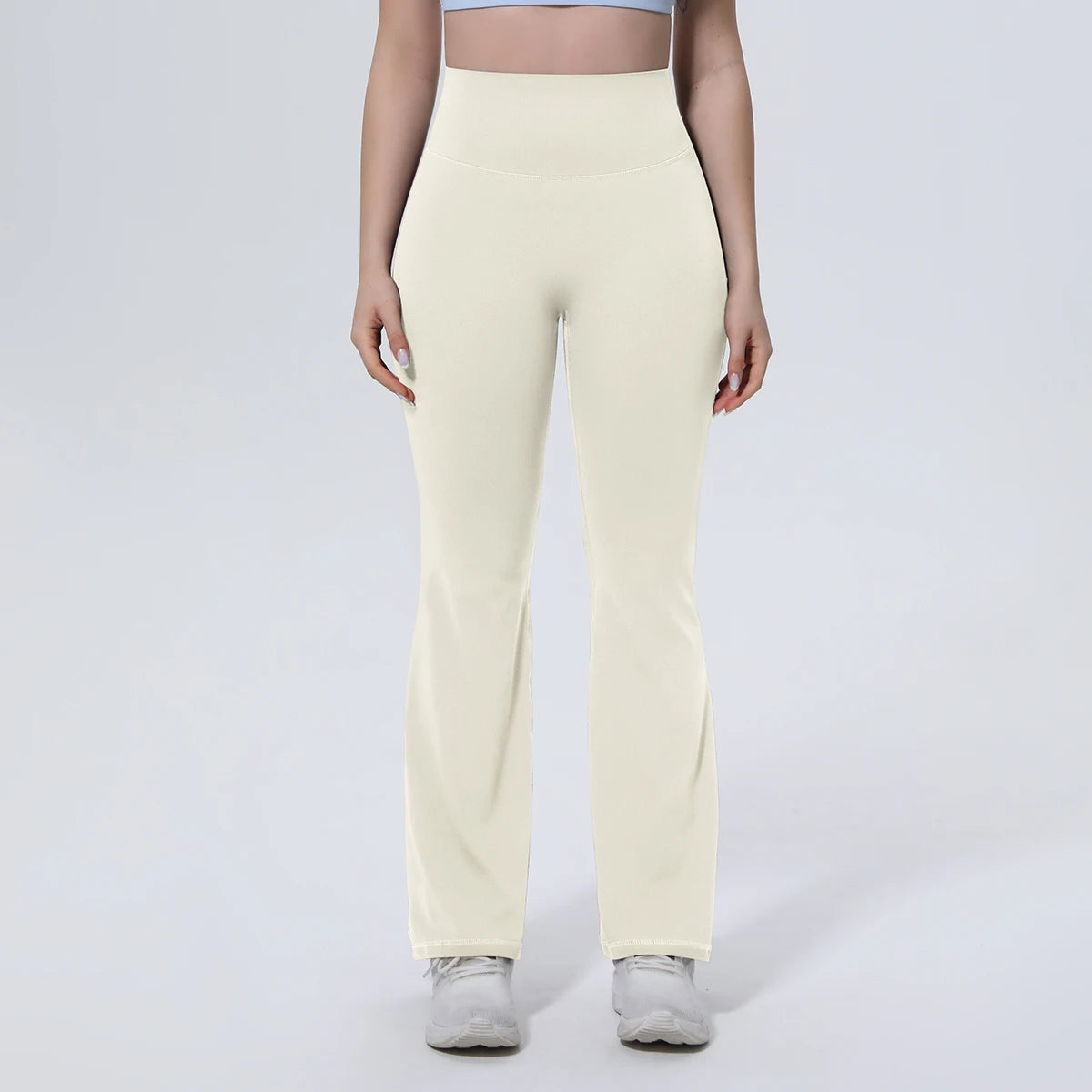 Damen-Yogahose, lang, hellbeige, High-Waist Bund, weite Bootcut-Passform