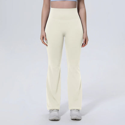Damen-Yogahose, lang, hellbeige, High-Waist Bund, weite Bootcut-Passform