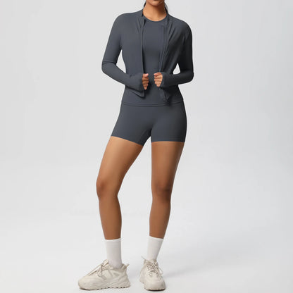Damen-Yoga-Set: graphitgraue langarmige Jacke, Sporttop und Shorts