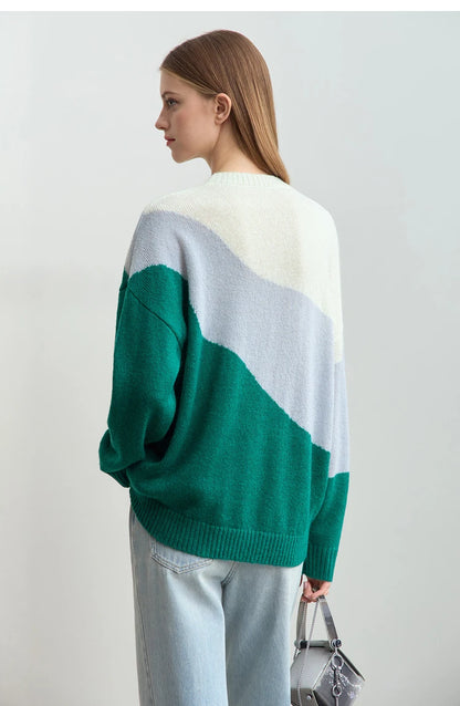 Damenpullover mit Rundhalsausschnitt, Rückenansicht: creme/hellgrau mit türkisem Grün-Block, langarmig