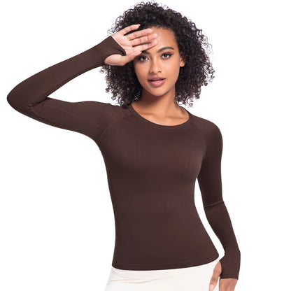 Damen-Langarm-Laufshirt braun, schmaler Rundhalsausschnitt, langärmlig