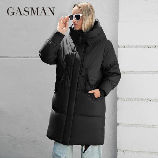 Lange Damen-Daunenjacke mit Reißverschluss, großen Taschen und Stehkragen – Kapuzenparka im klassischen Design