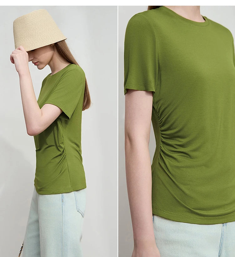 Damen Sommer-T-Shirt im minimalistischen Stil mit schmalem O-Ausschnitt und kurzen Ärmeln