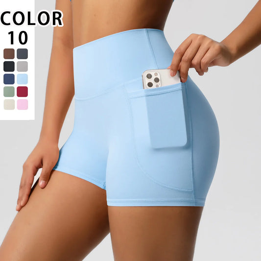 Yogahose Damen mit hoher Taille und Taschen, hellblau