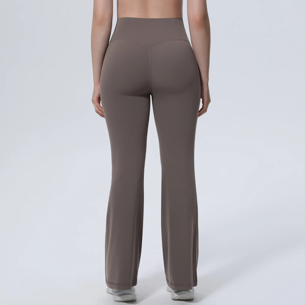 High-Waist Yoga-Leggings, dunkelbraun, lange Schlagform mit breitem Bund vorn