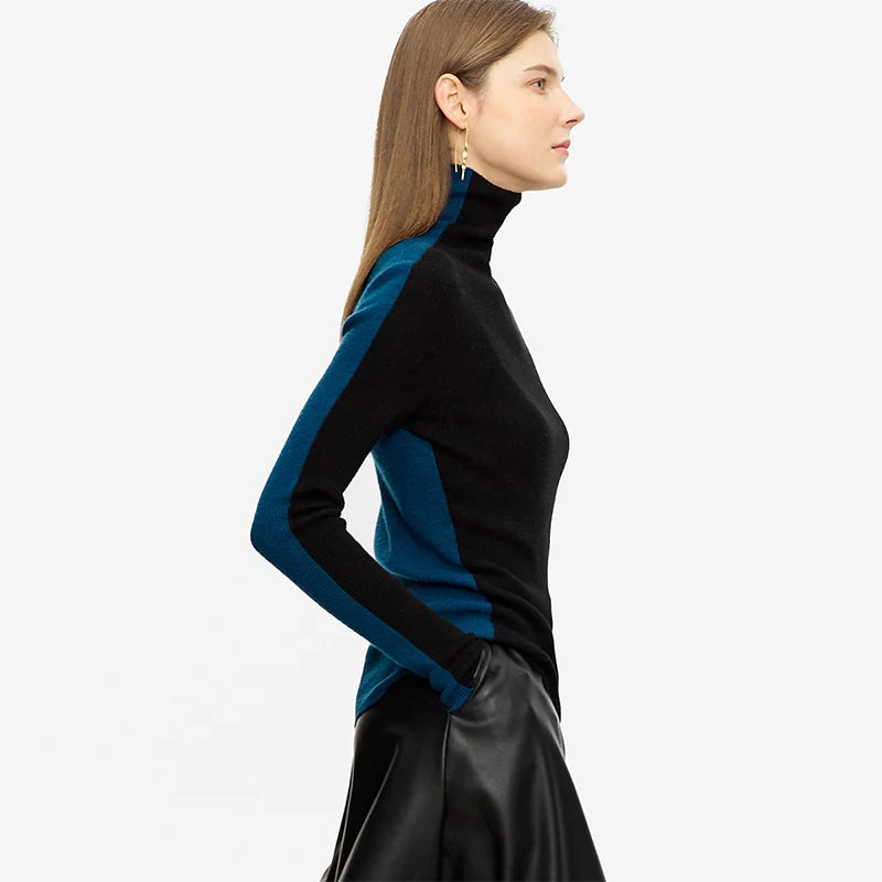 Damen-Rollkragenpullover 100 % Wolle Farbkontrast Slim Fit Frühling