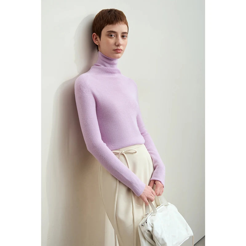 Damen-Rollkragenpullover 100 % Wolle Kammgarn schlank Winter