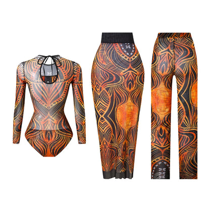 Damen-Badeanzug 3-teilig Print Langarm Sarong-Set gepolstert