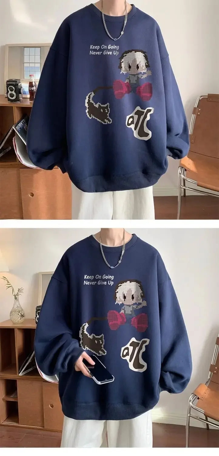 Japanischer Vintage-Pullover mit Fleece, Rundhalsausschnitt und Print – Lässiger Langarm-Hoodie für Herren im Winter.