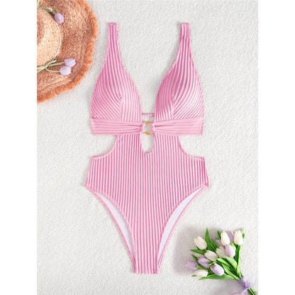 Damen Badeanzug tiefer V-Ausschnitt Cut-Out Monokini hoher Beinausschnitt 8 Farben