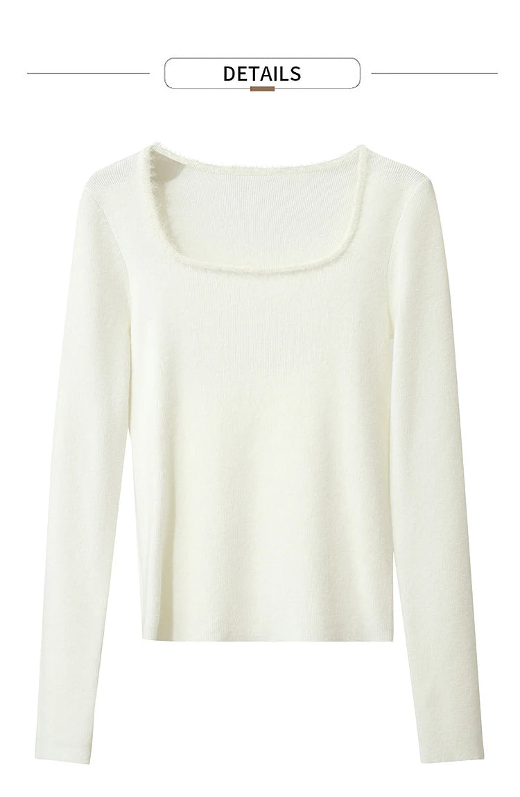 Cremefarbener Damen-Pullover mit quadratischem Ausschnitt, Langarm, glatt