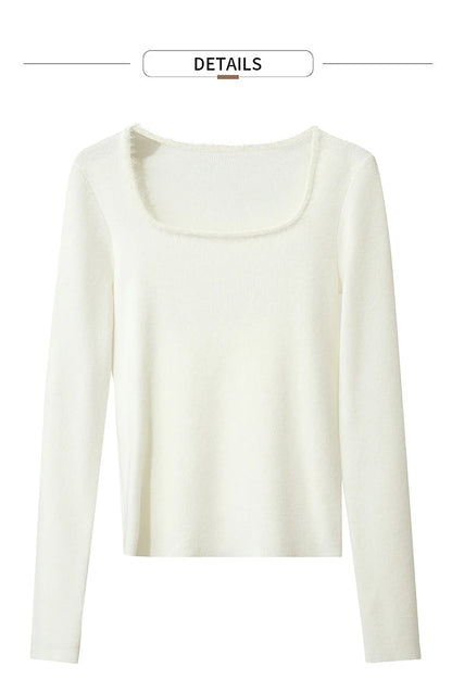Cremefarbener Damen-Pullover mit quadratischem Ausschnitt, Langarm, glatt