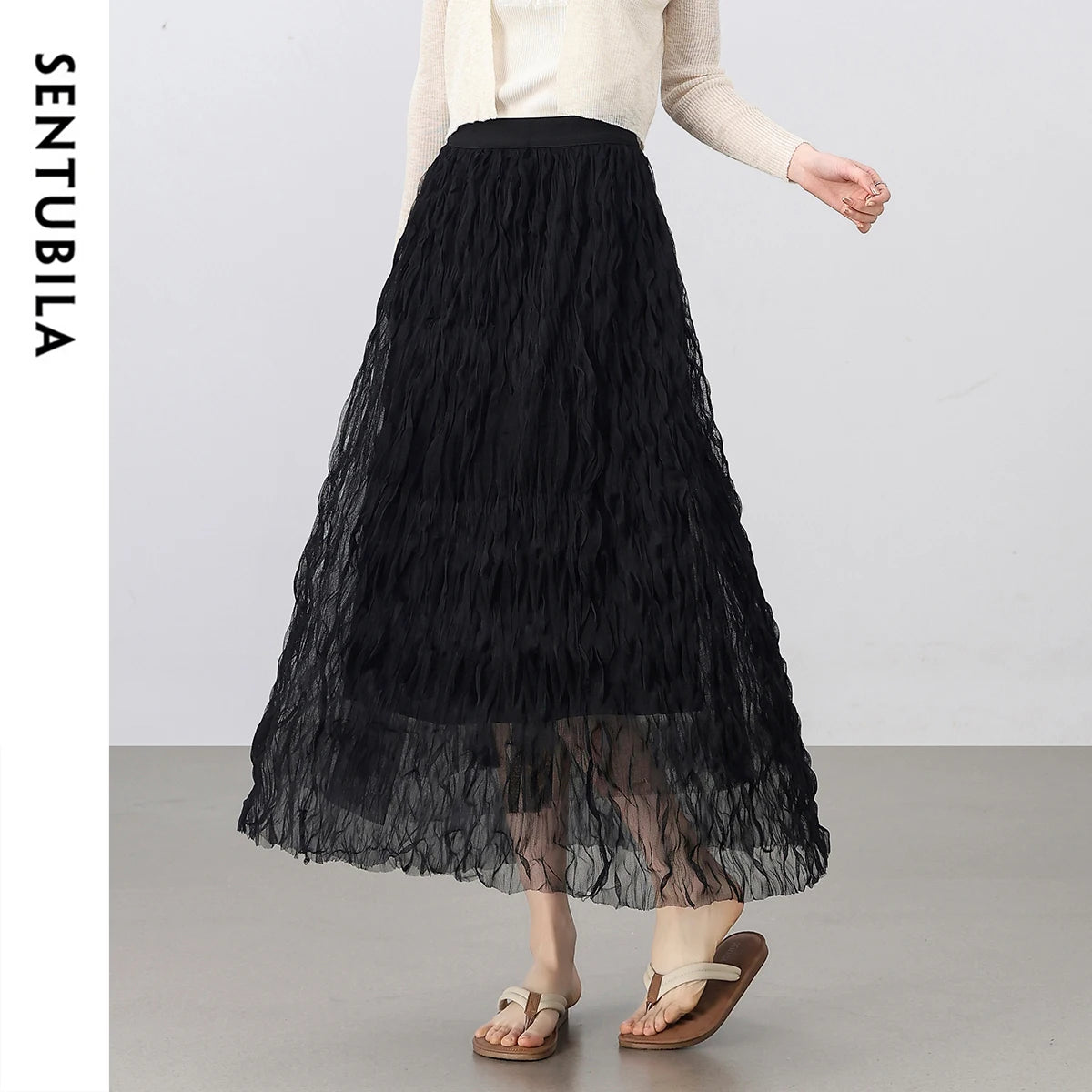 Damen Netzrock im süßen Stil mit hoher Taille und Rüschen