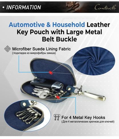 Schlüsseltasche aus Leder, blau, Reißverschluss und Metallhaken