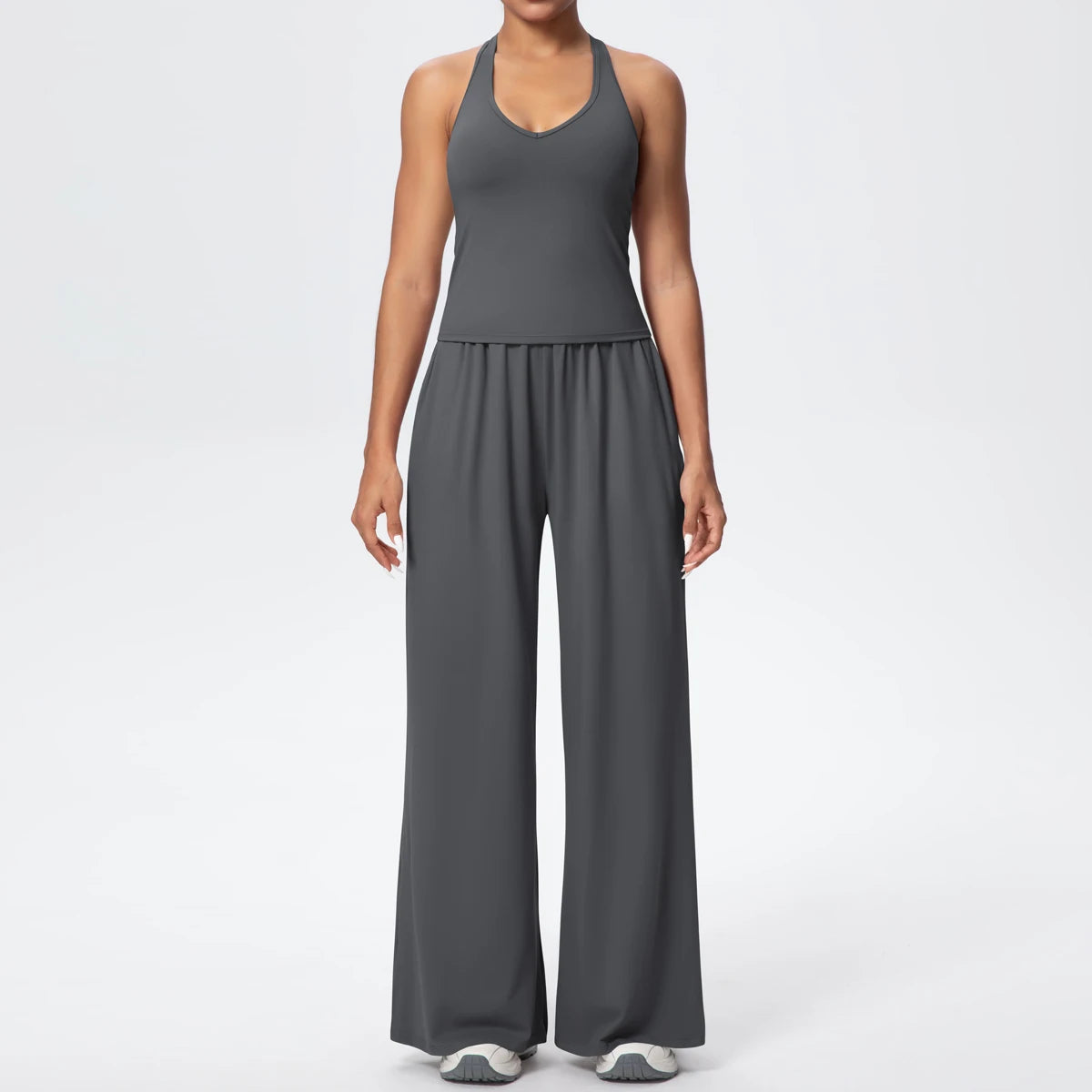 Damen-Yoga-Set: Tanktop und weite Hose, dunkelgrau, mit gerafftem Bund