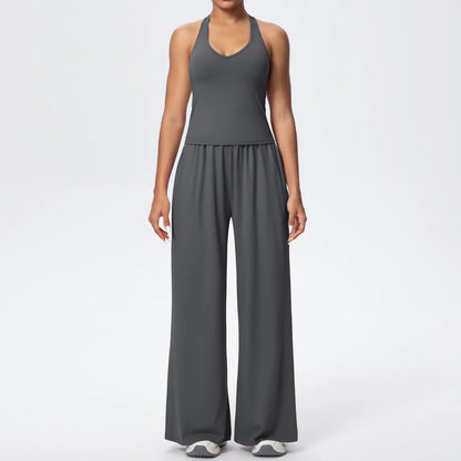 Damen-Yoga-Set: Tanktop und weite Hose, dunkelgrau, mit gerafftem Bund