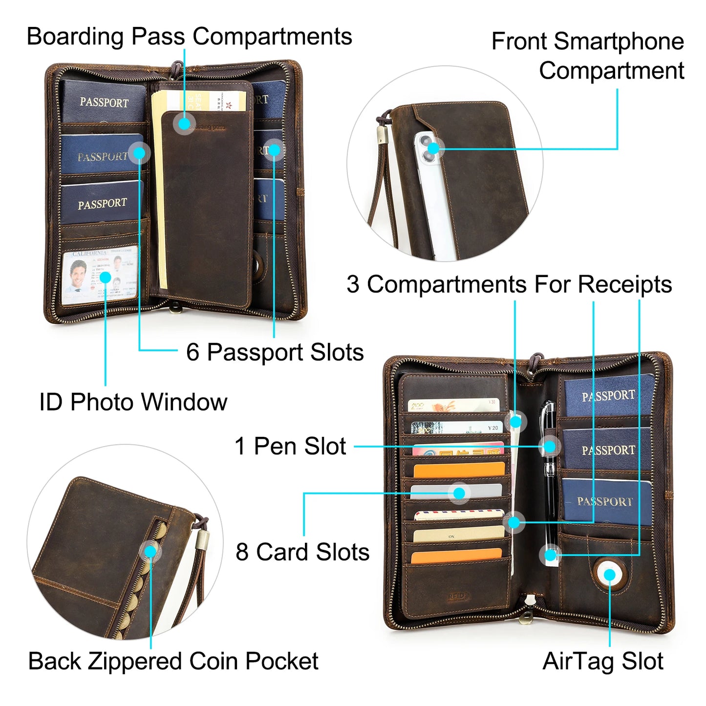 Offene braune Leder-Reisebrieftasche mit Kartenfächern, Stiftschlitz und AirTag-Position