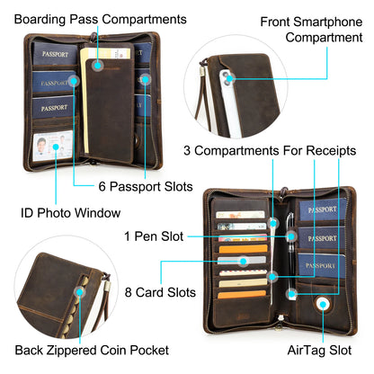 Offene braune Leder-Reisebrieftasche mit Kartenfächern, Stiftschlitz und AirTag-Position