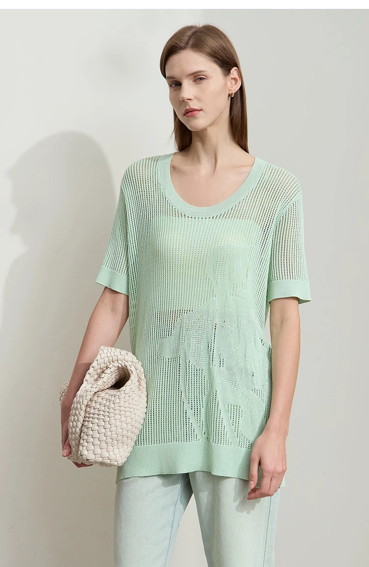 Damenpullover kurzarm, mintgrün, Rundhalsausschnitt; Strickmuster vorne und hinten