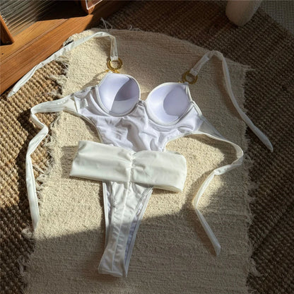 Damen Badeanzug Neckholder Gürtel Bügel Monokini Mini Tanga hoher Beinausschnitt
