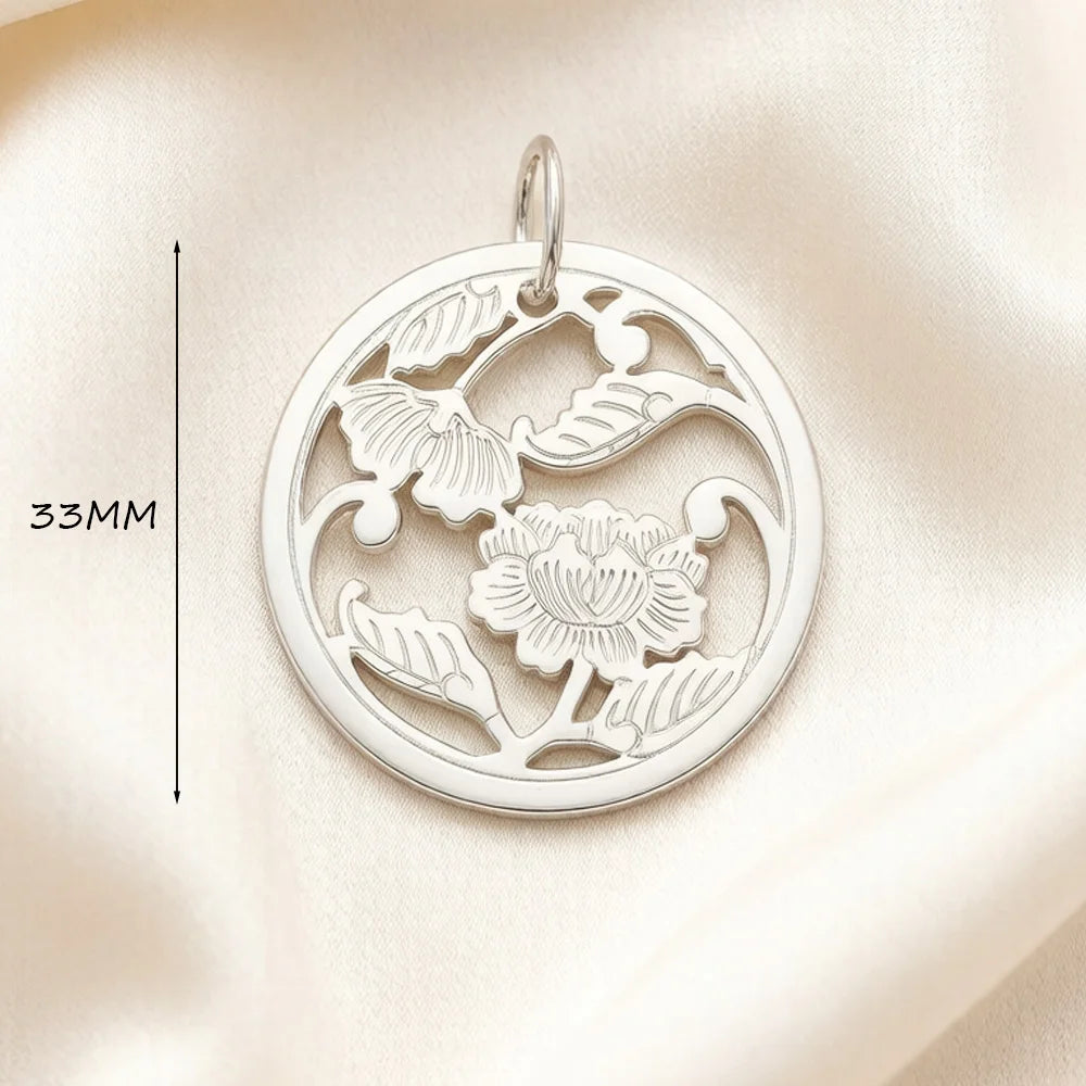 Runder Blumen-925-Sterlingsilber-Anhänger, ca. 33 mm, mit Öse