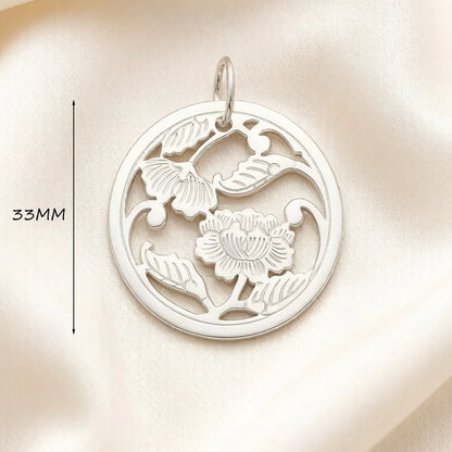 Runder Blumenornament-Anhänger aus silberfarbenem 925 Sterlingsilber mit Öse