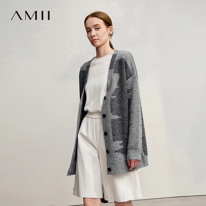 Damen V-Ausschnitt Cardigan lang Patchwork Wolle-Mix Winter