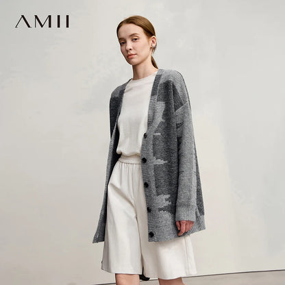 Damen V-Ausschnitt Cardigan lang Patchwork Wolle-Mix Winter