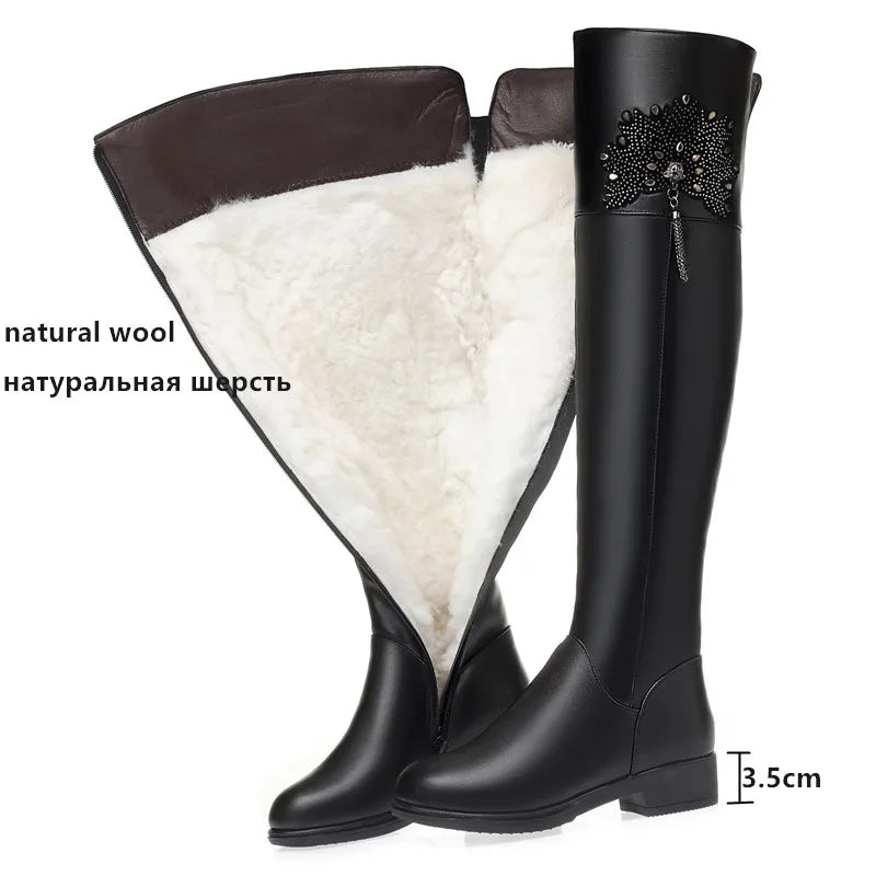 Schwarze Overknee-Lederstiefel mit Wollfutter, Blockabsatz 3,5 cm, Zierschaft