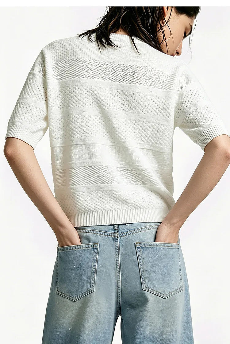 Damen-Rundhalspullover Kurzarm Crop Viskose locker Sommer