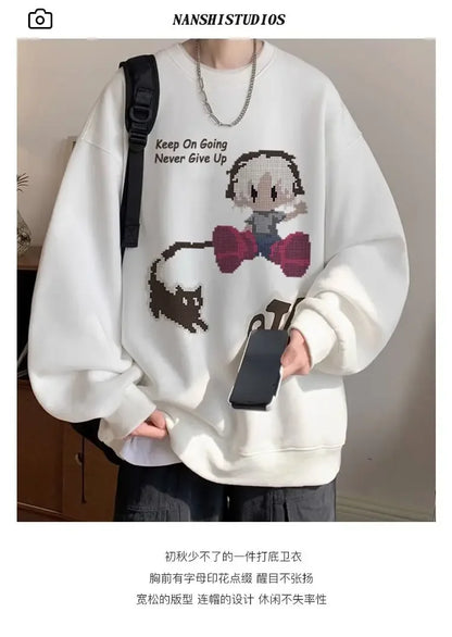 Japanischer Vintage-Pullover mit Fleece, Rundhalsausschnitt und Print – Lässiger Langarm-Hoodie für Herren im Winter.