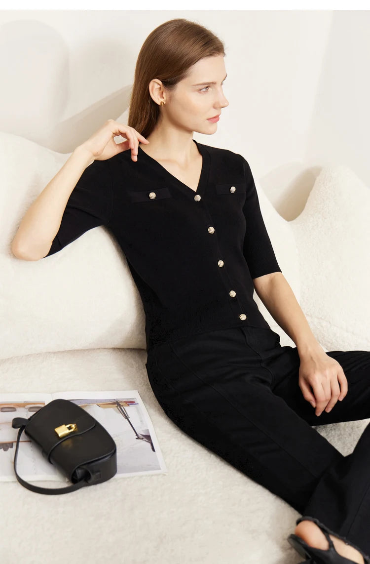 Damen-Strickjacke Baumwolle Slim Halbarm V-Ausschnitt Büro Frühling