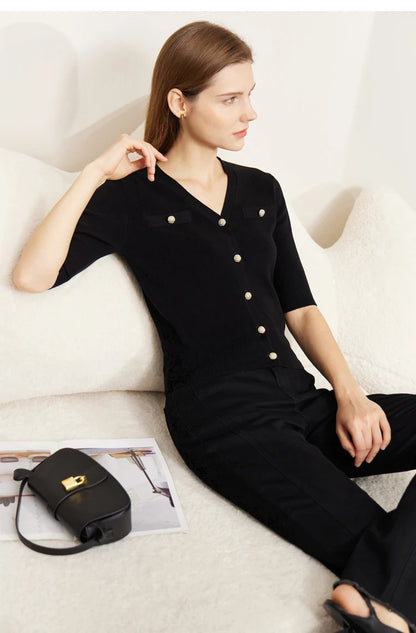 Damen-Strickjacke Baumwolle Slim Halbarm V-Ausschnitt Büro Frühling