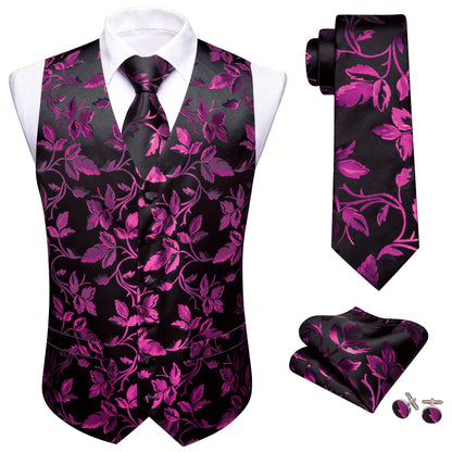 Herrenweste mit pink-violettem Blumenmuster auf schwarzem Grund, passende Krawatte