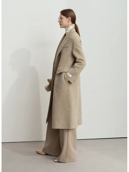 Damen Wollmantel im Minimalismus-Stil mit zwei Reihen und Taschen