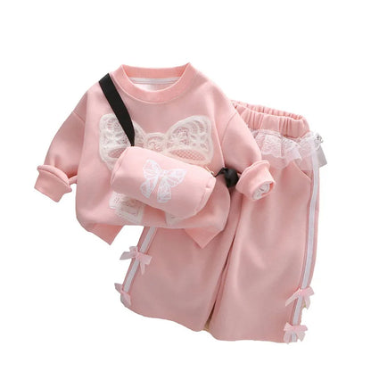 Mädchen Hoodie Set mit Bogen und breiten Beinhosen für Herbst 1-6 Jahre