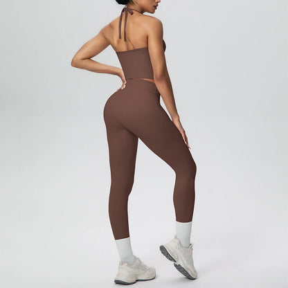 Braunes 2‑Teiliges Yoga-Set: Sport-BH mit Trägern und Leggings mit Bündchen