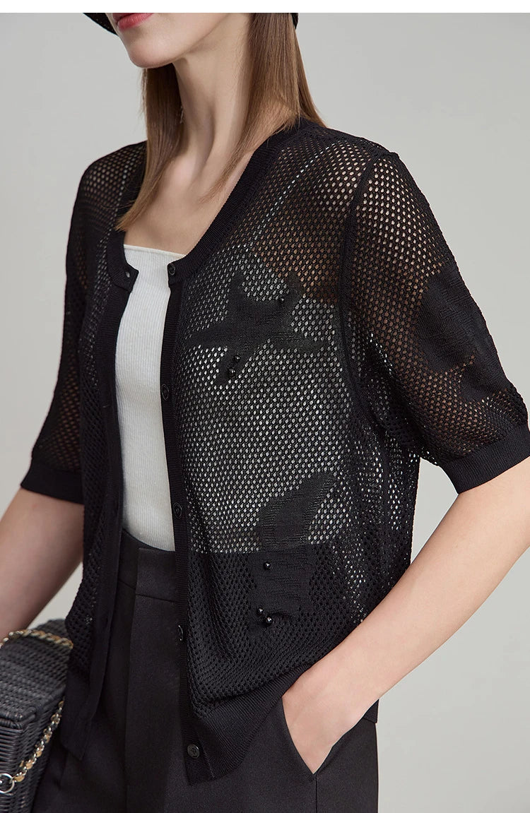 Damen-Rundhalspullover Jacquard Kurzarm locker Büro Sommer