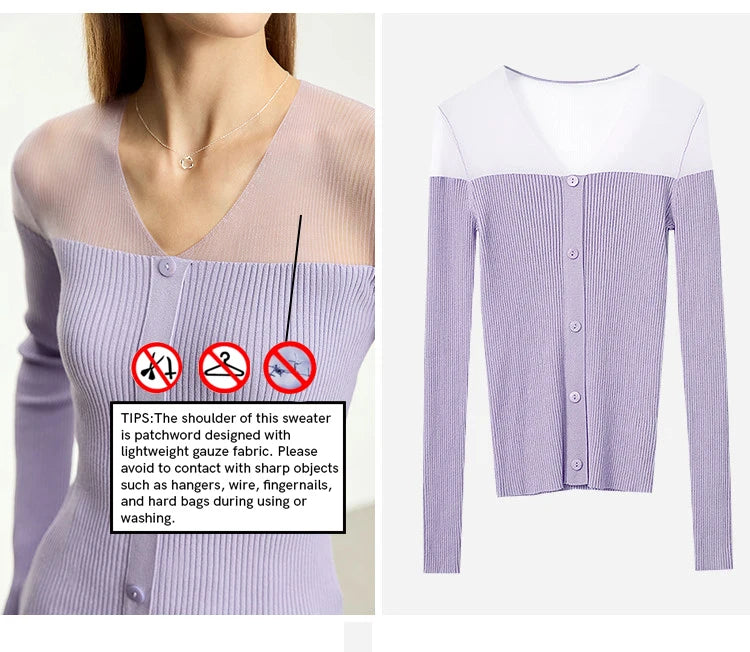 Damen V-Ausschnitt Pullover Viskose Mesh Organza Slim Frühling