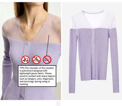 Damen V-Ausschnitt Pullover Viskose Mesh Organza Slim Frühling