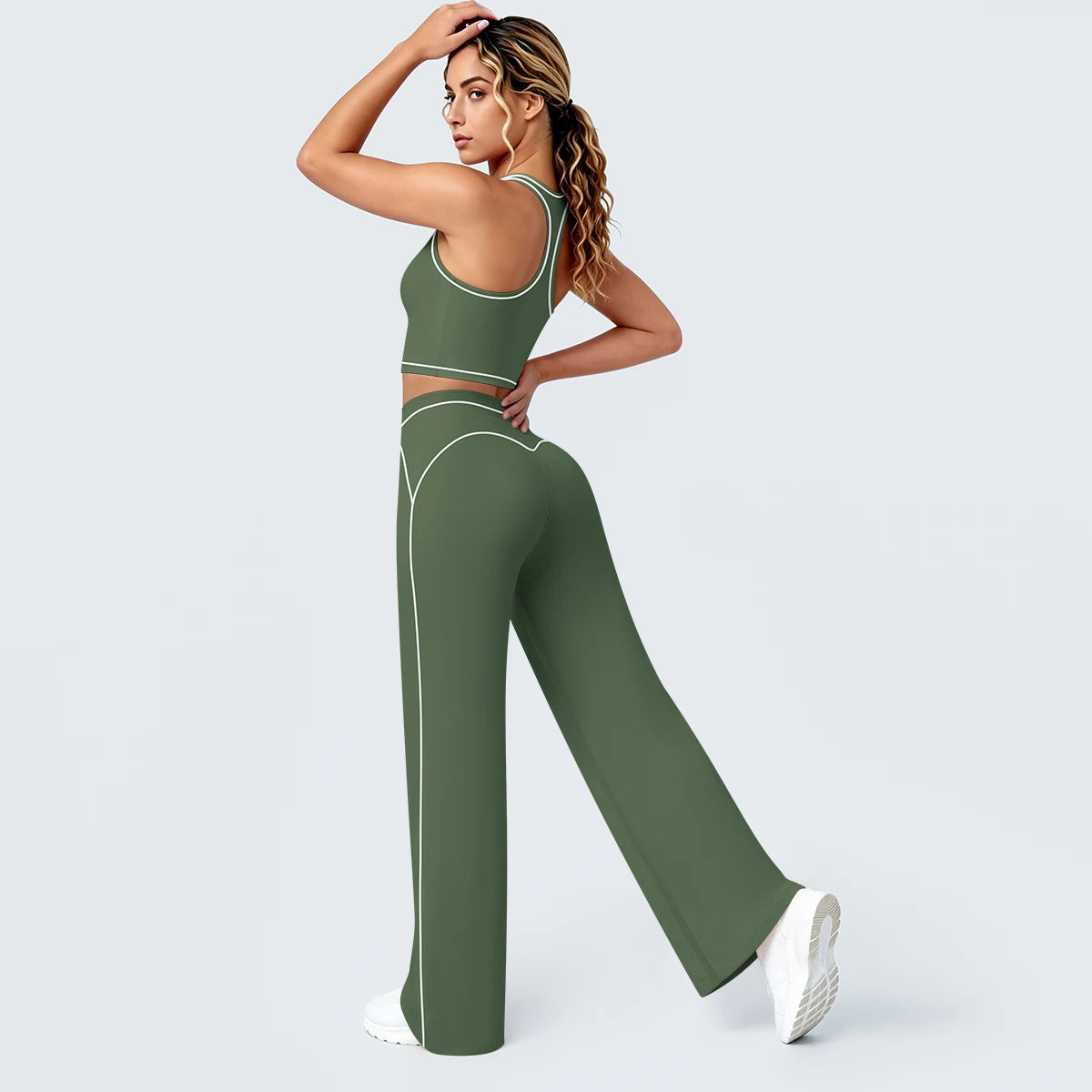Yoga-Set Damen: I-Rücken-Top und weite Hose, moosgrün mit hellen Zierlinien