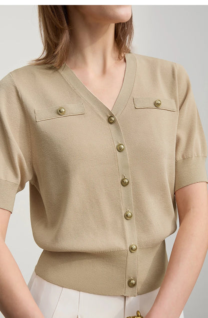 Damen-Strickjacke V-Ausschnitt Metallschnalle kurz weich Büro Frühling