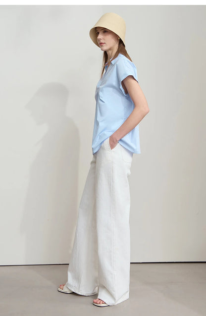 Damen Bluse im minimalistischen französischen Stil mit umlegekragen und gedrehten Falten