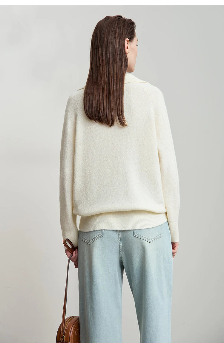 Cremefarbener Damen-Strickpullover mit V-Ausschnitt, langarmig, Rückansicht