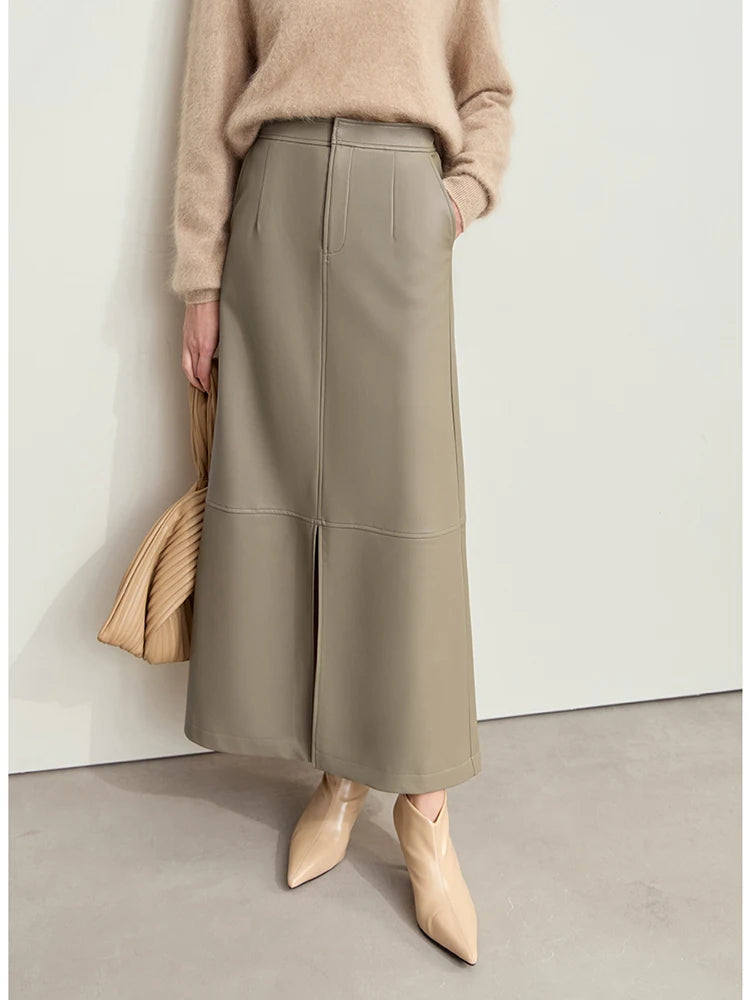 Damenlederrock in Beige, hoher Bund, gerader Schnitt mit mittigem Schlitz