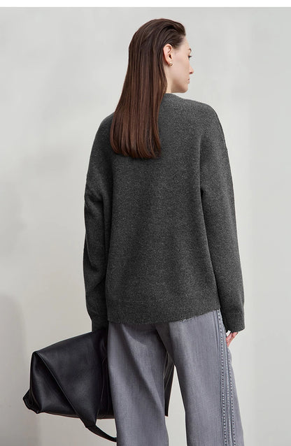 Damen V-Ausschnitt Pullover locker Raglan Wolle-Mix Herbst-Winter