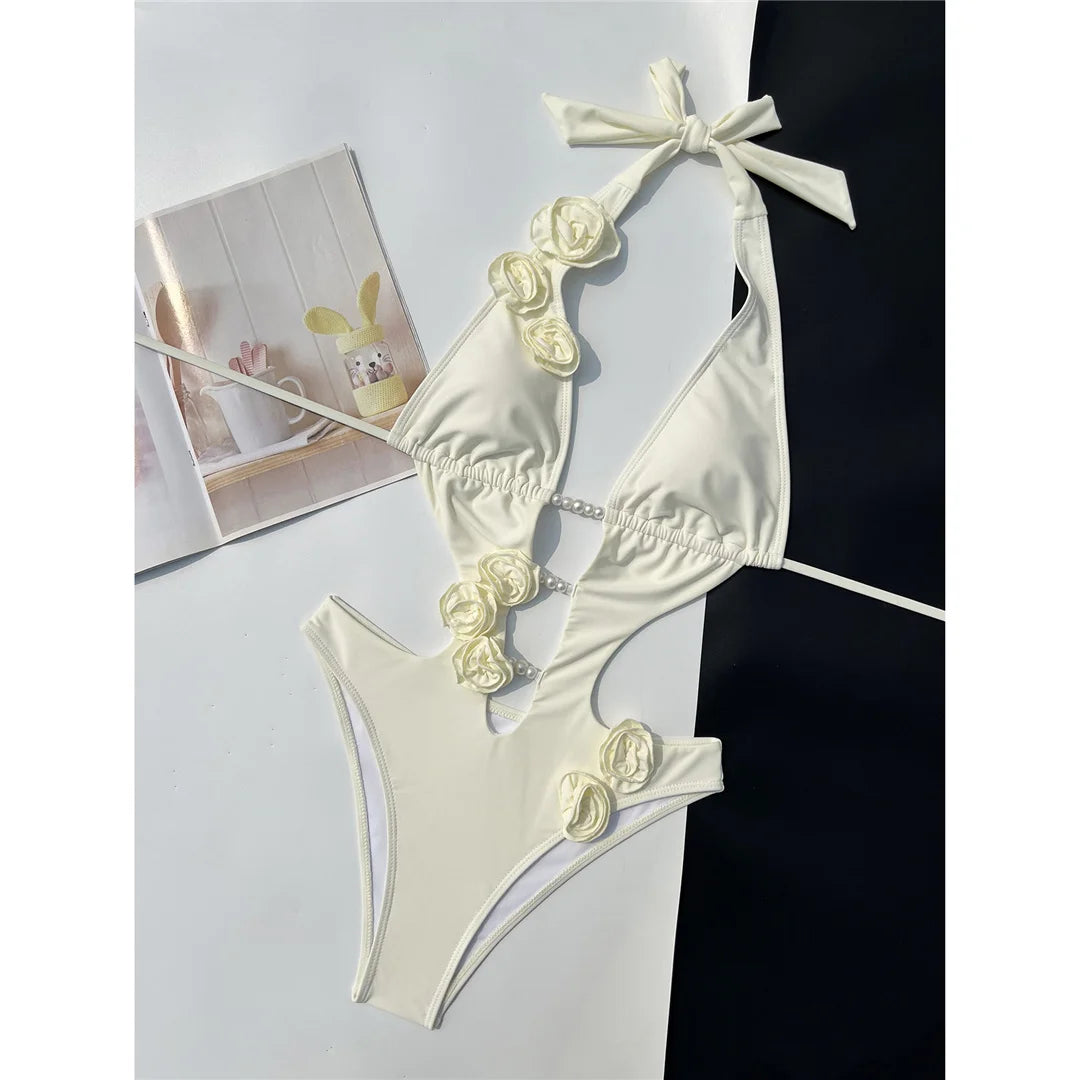Damen Badeanzug 3D-Blumen tiefer V-Ausschnitt hoher Beinausschnitt Monokini rosa-rot