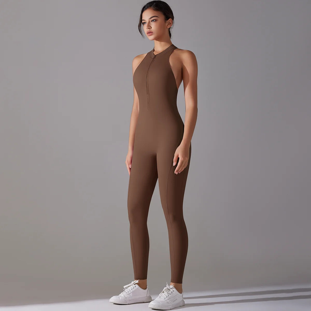 Damen-Bodyshaper mit Push-up, ärmellos, schmaler Schnitt, braun, mit Frontreißverschluss