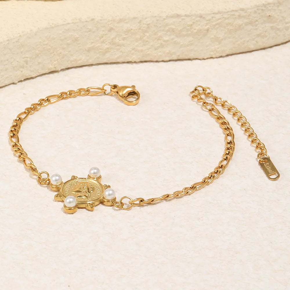 Damen-Armband mit Figaro-Kette und Porträtmünze