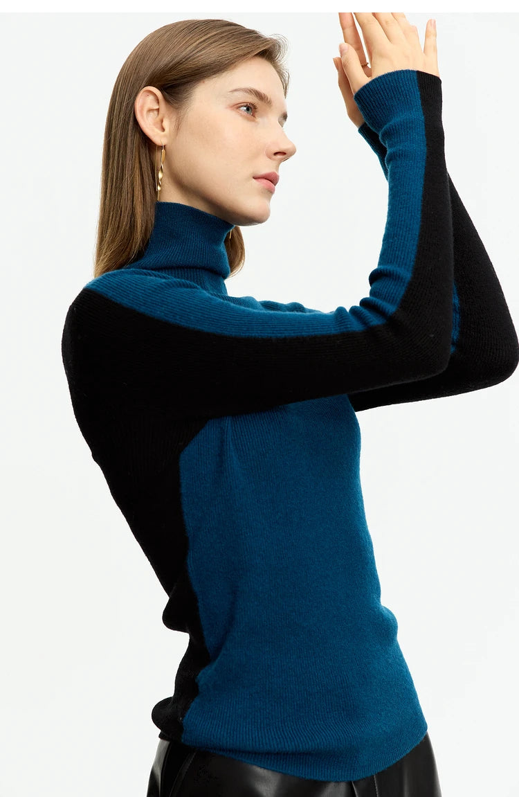 Damen-Rollkragenpullover 100 % Wolle Farbkontrast Slim Fit Frühling